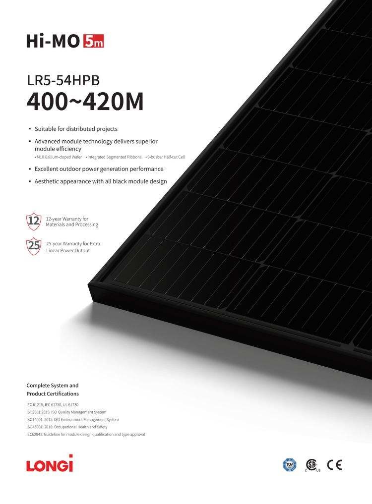 LONGI SOLAR LR5 54HIB 400W 405W 410W 415W 420W Solar Panel Kit