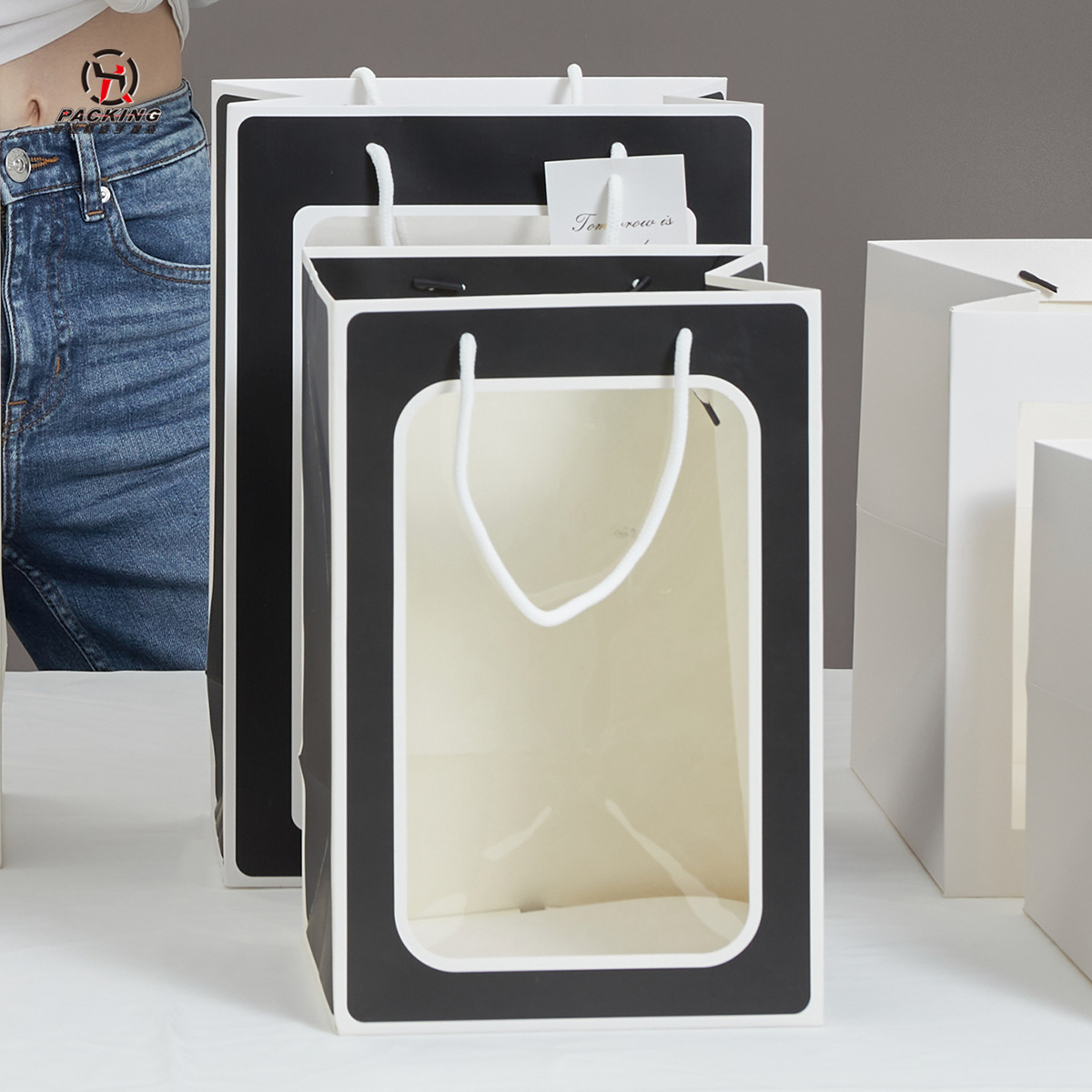 Personalized Designer Paper Bags with Clear Window Custom Your Own Logo on Ivory Board