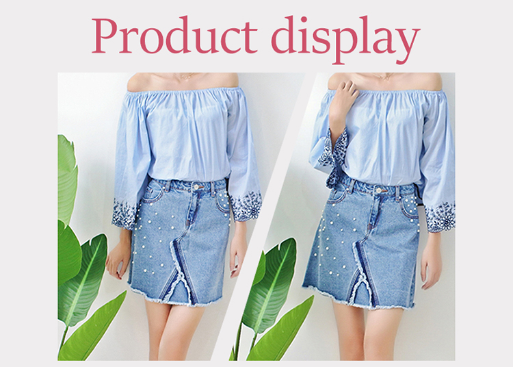 Young Ladies Short Denim Mini Skirt With Pearls , Women's A Line Denim Skirt