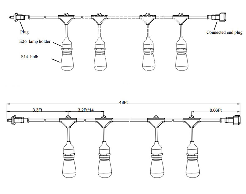 Christmas Waterproof connectable serial led string lights 48FT Outdoor String Lights E26 E27 S14 Edison Bulb included