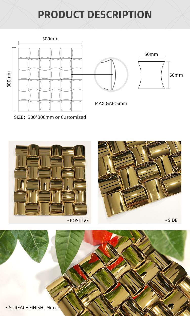 AISI 201 304 1219X2438 mosaic 3d decorative wall tile pvd color coating decorative stainless steel wall panel for interior wall