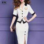 Women's Long Vintage Black and White Two-Piece Skirt Pant Coat Suit for Formal