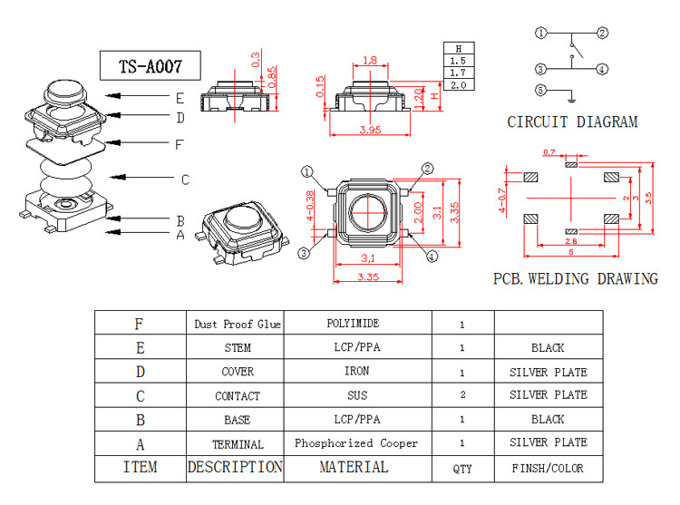 Black Push Button Low Profile Tactile Switch For High Density Mounting