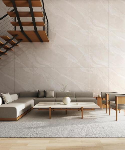 Light Yellow Polished Porcelain Glazed Tile Indoor Floor 900x1800x9mm Wear