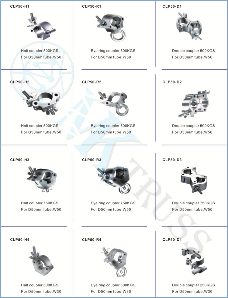 OEM Aluminum Stage Lighting Truss Hook Truss Clamp Double Coupler 100kg for 50mm Tube
