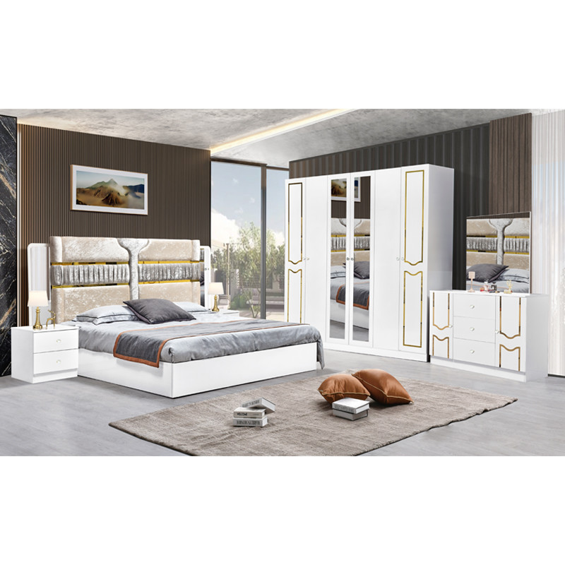 High Gloss White Wooden Frame Double Bed Suite Luxury King Size Modern Design Mdf Full Set Bedroom Furniture