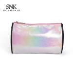 PU Leather Travel Holographic Cosmetic Bag Round Cylinder Bucket