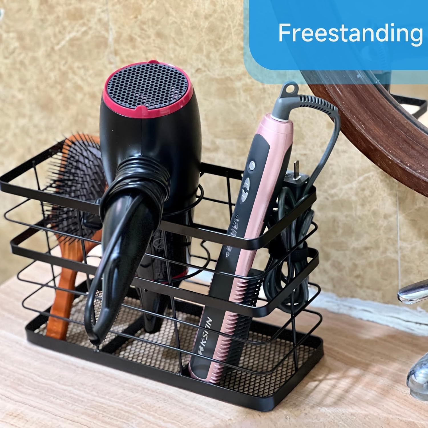 High Carbon Steel Wall Mounted Blow Dryer Holder for Under Sink Bathroom Organization