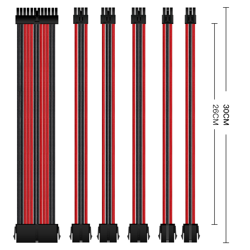 Sleeved Cables PSU Extension Cable Kit with 30CM Sleeved 24-PIN 8-PIN 6-PIN 4+4-PIN for ATX Power Supply