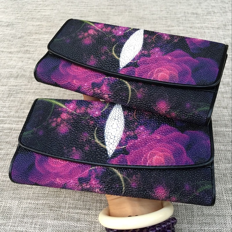 Thailand Authentic Stingray Skin Women's Large Wallet Genuine Leather Female Flower Clutch Purse Lady Card Holder