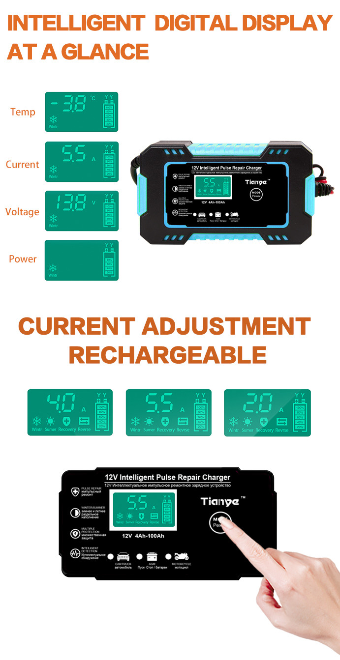12V 24V AGM GEL Battery Intelligent Pulse Repair Charger Portable