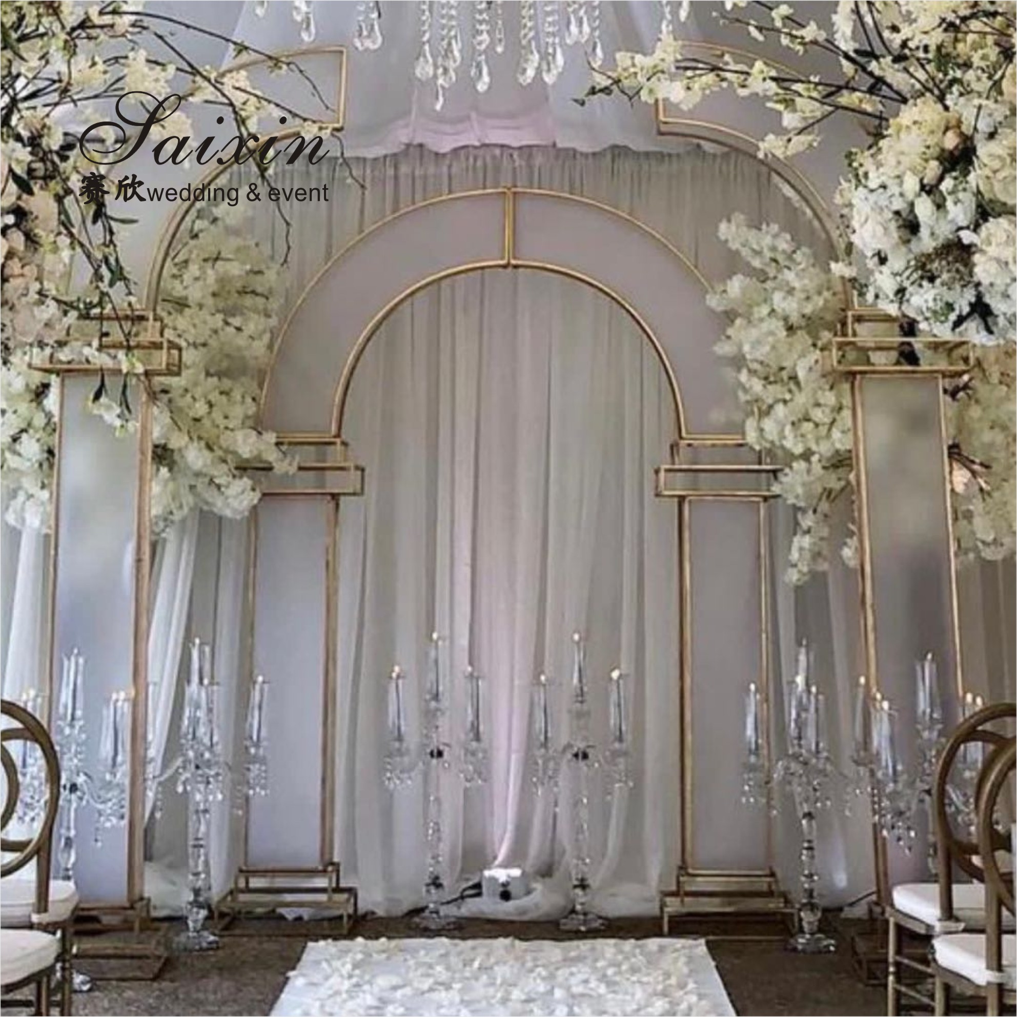 Factory luxury gold frame with white membrane arch for wedding furniture backdrop decoration