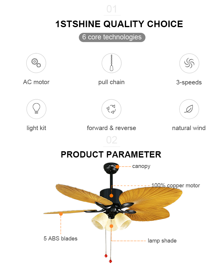 Living Room Functionality Decorative Design 52 Inch ABS Blades Ceiling Fan with Light