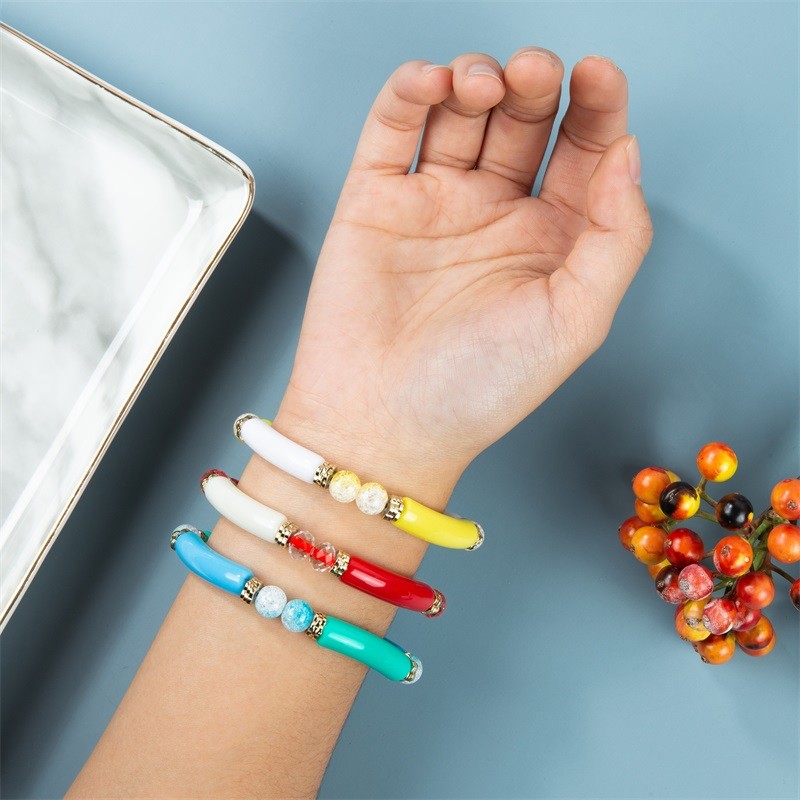 Handmade Block Beads Elastic Bangle Bracelet Spring Collection Color Gift For Girl