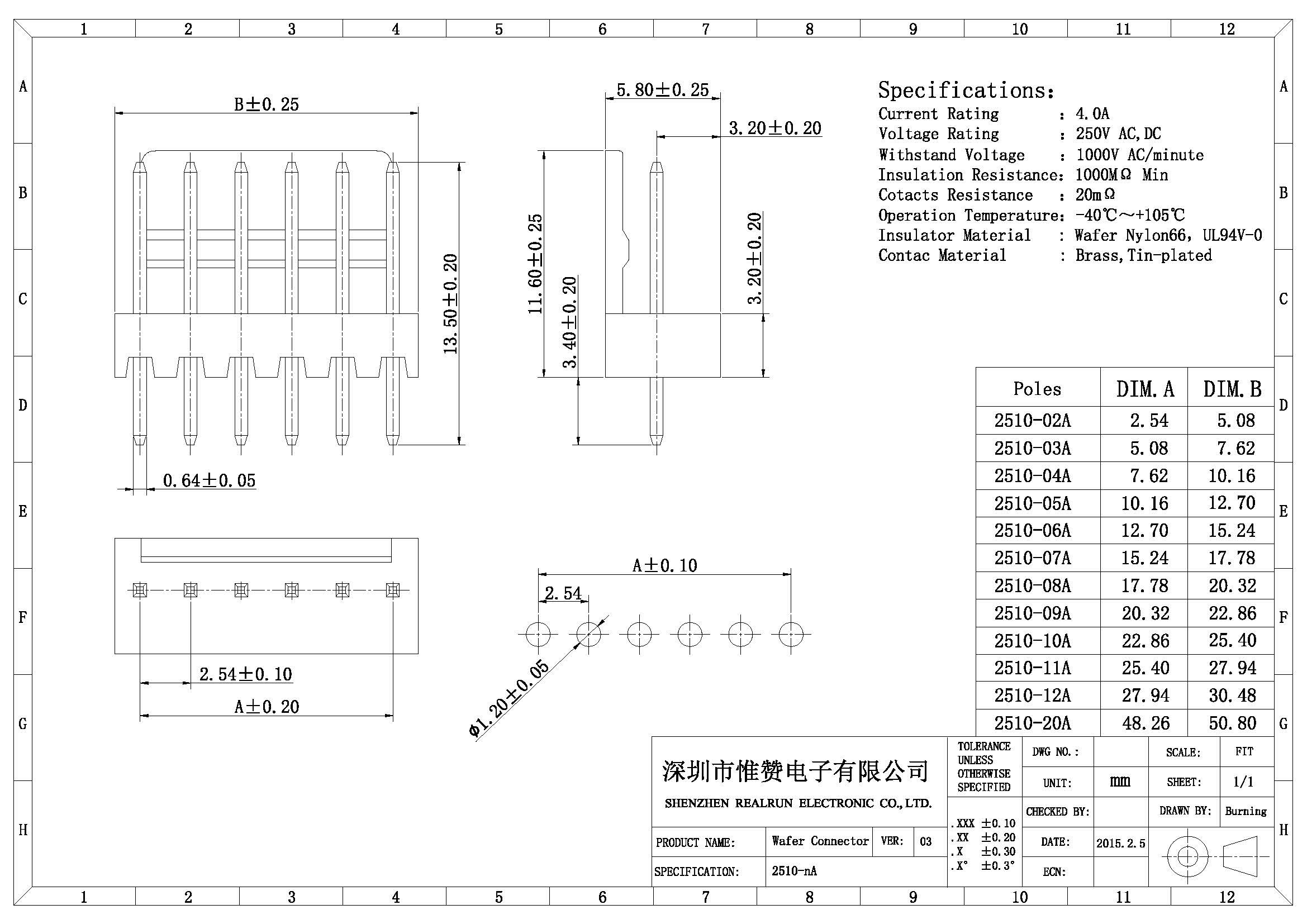 2510 Series Wafer Straight Pin Header 2.54 Mm Pitch For Digital Camera