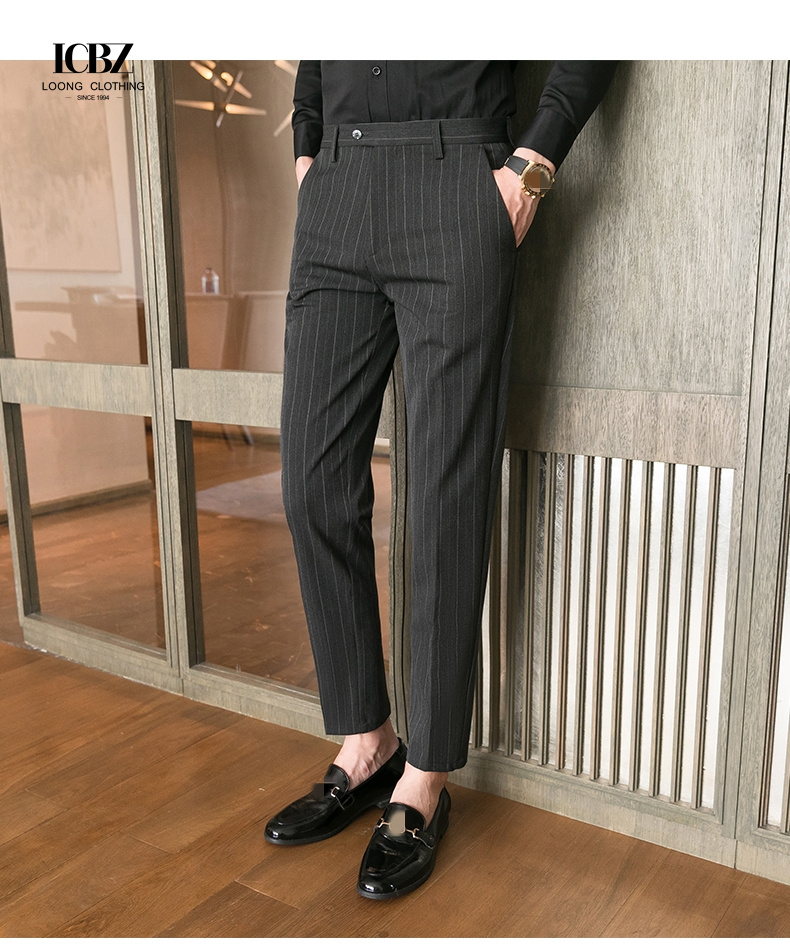 Autumn Formal Pants for Men Thick Stripes and Mid Waist Design Plus Size Trousers