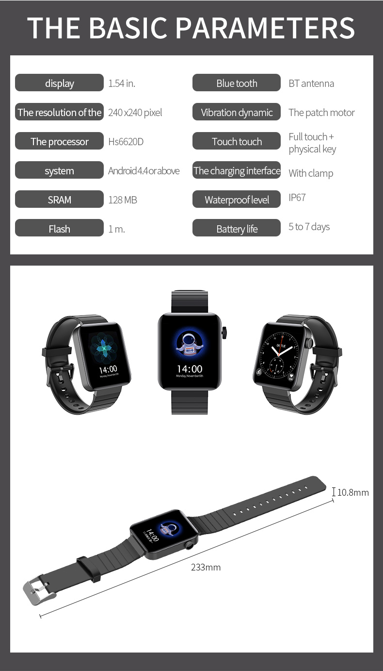 1.54" OLED Full Touch SmartWatch M5 Smart Bracelet Platform Medical Thermom Refurbished
