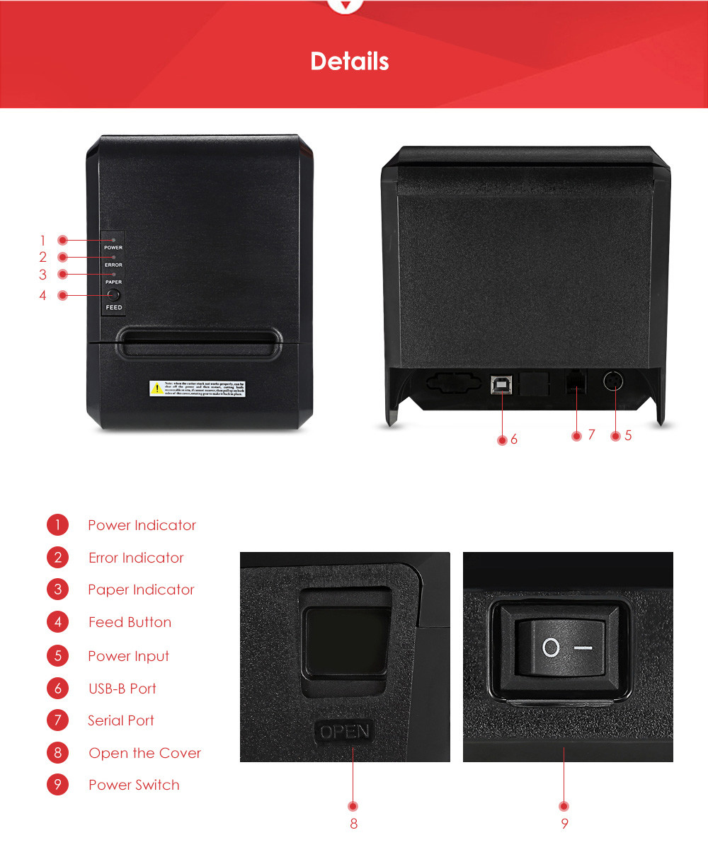 Ticket Barcode Wireless POS Printer Lan Port 300mm/s 12V 1A Power GOOJPRT