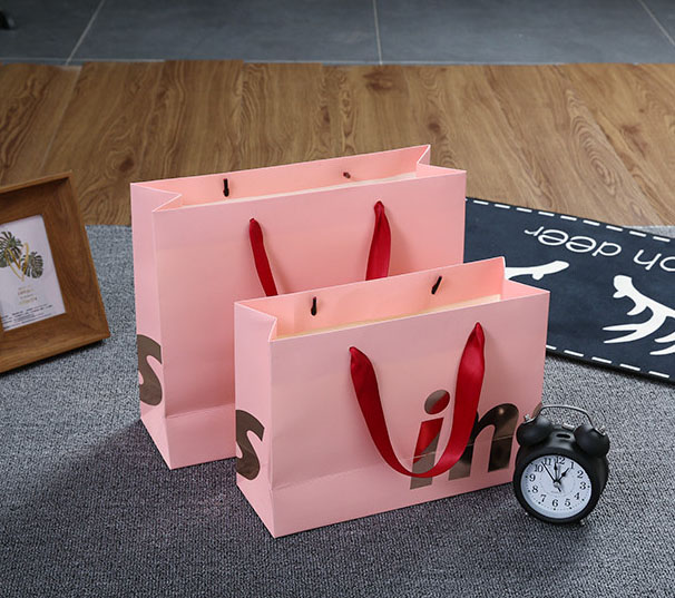 Hand Length Handle Ins Style Pink Paper Bags for Boutique Gift Craft Shopping Custom Order