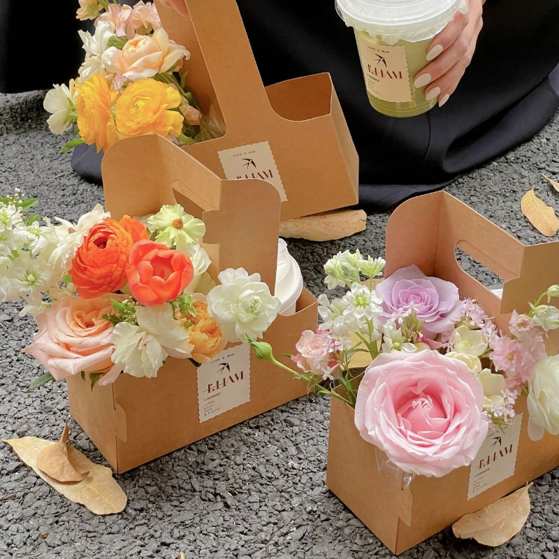 Rigid Boxes Dekun Recyclable Kraft Fresh Flowers Coffee Paper Tray Gift Box With Handle