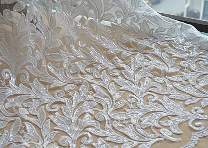 Scalloped Edge White Sequin Mesh Fabric For Party Gown Rich Leaves Design