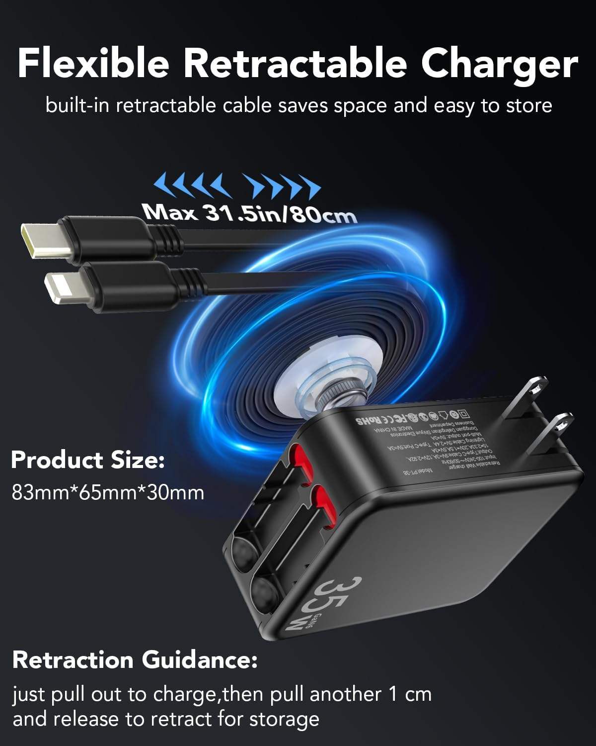 Wholesale 35W GaN Fast Charging Travel Charger Adapter Foldable Comes With 2 Retractable Fast Cables for Phone Fast Charging