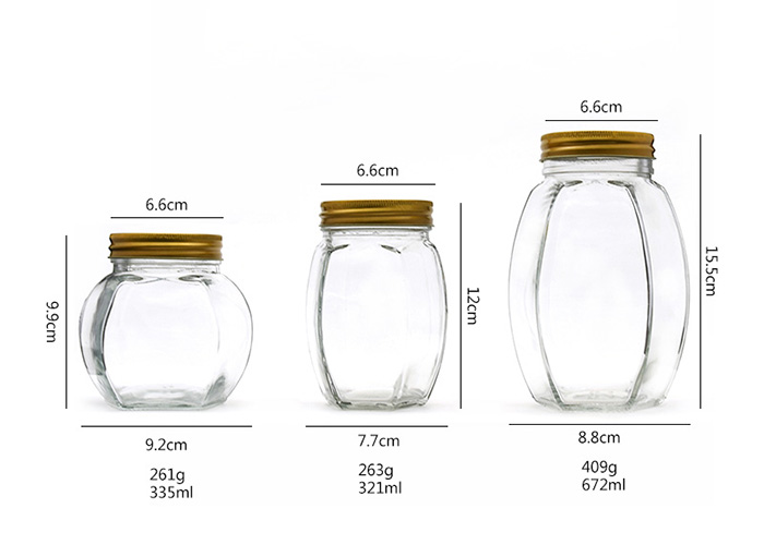 Glass Jam Bottle Hexagon Glass Honey Jars With Twist Off Golden Lid