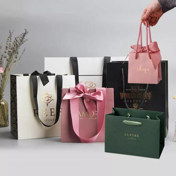 Grosgrain Handle Matte Black Paper Bag Gold Hot Stamping Retail Paper Shopping