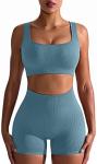 Drawstring Workout Outfits For Women 2 Piece Seamless Ribbed Set