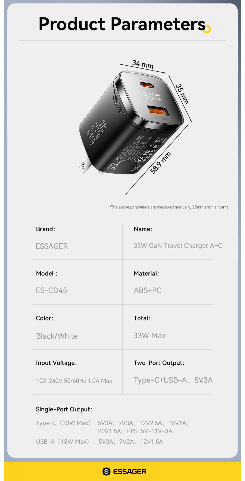 ESSAGER ES-CD45 Series 2 Ports 33W USB-A Wall Charger USB C Fast Charger