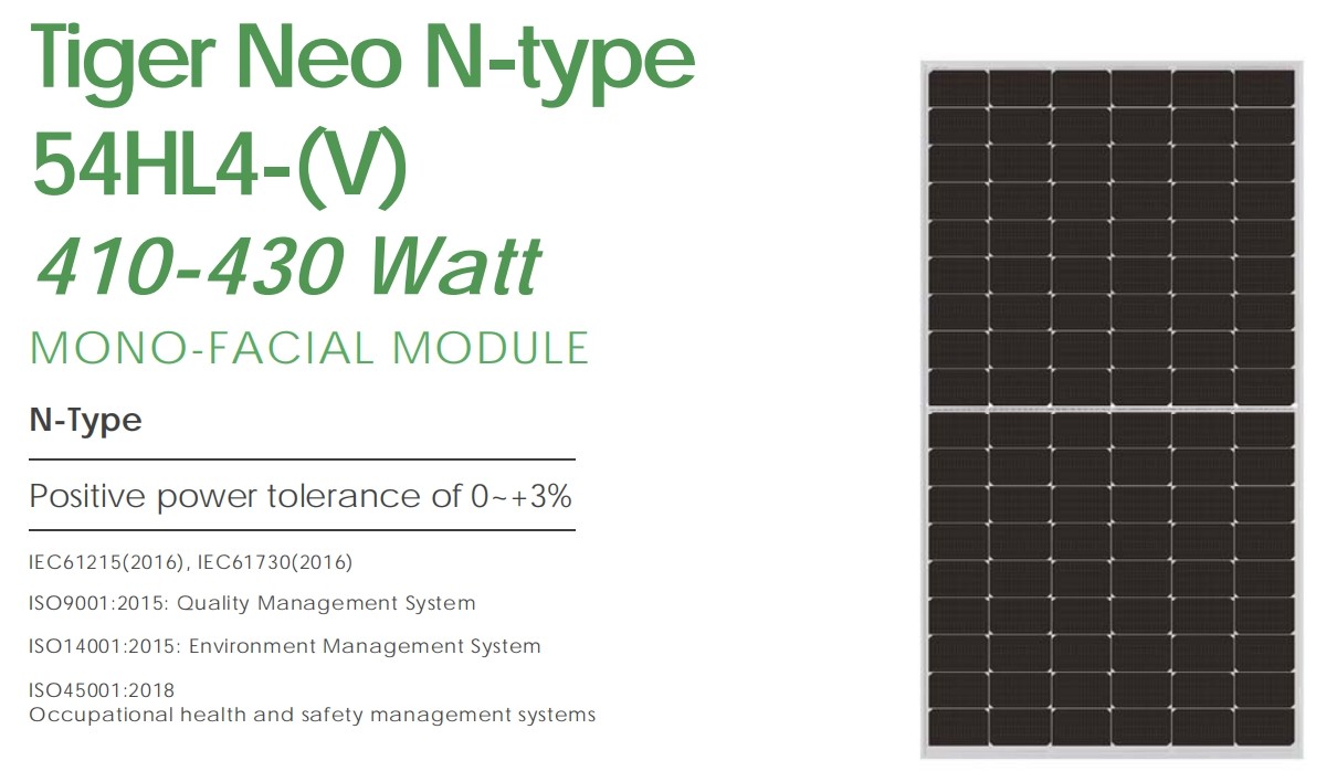 410W-430W Jinko Tiger Neo N Type Solar Photovoltaic Modules Monofacial 54HL4-(V)