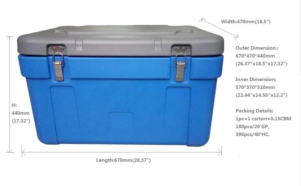 Qtop 65L(68Quart) Heavy-duty rotomolded ice chest cooler box with 3 large reusable ice packs for food cold storage-Blue