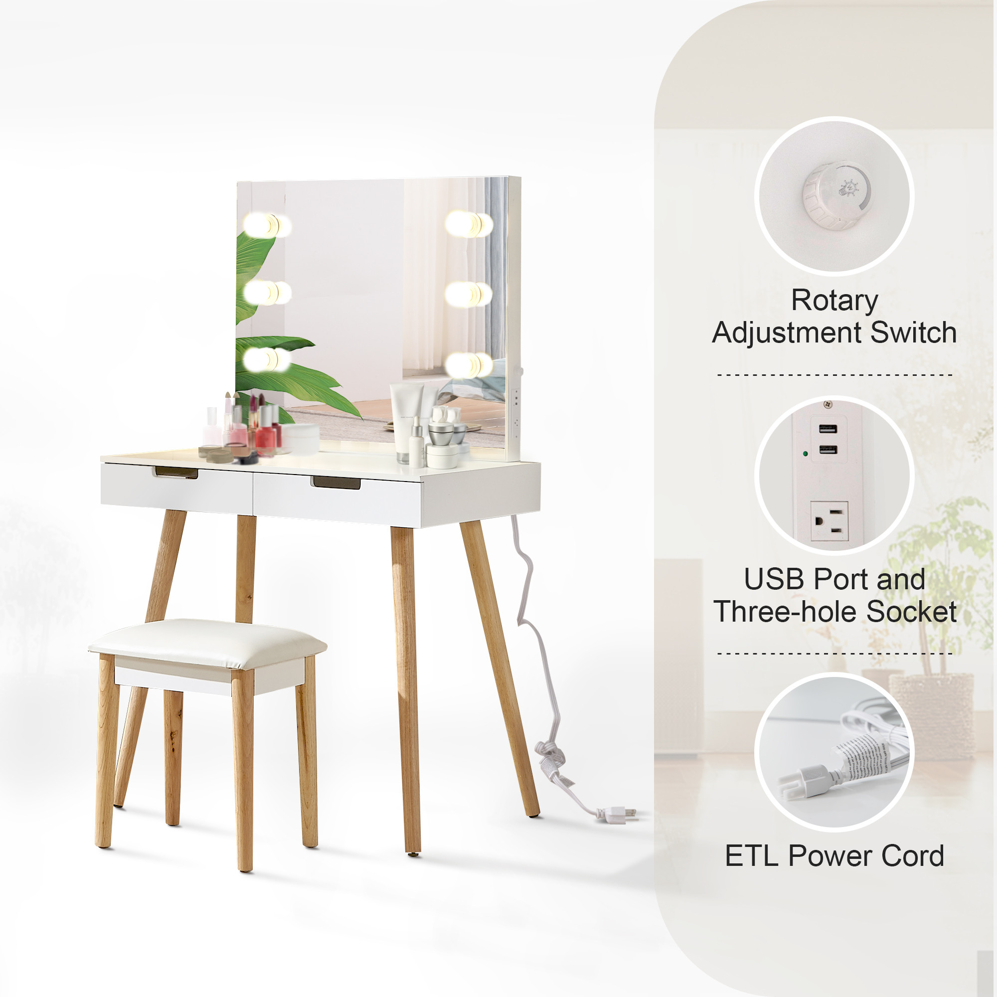 White Wooden Makeup Vanity Table With Lighted Mirror USB Function