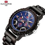 Luminous Men Black Ebony Wooden Quartz Watch Blue Dial Wood Wristwatch