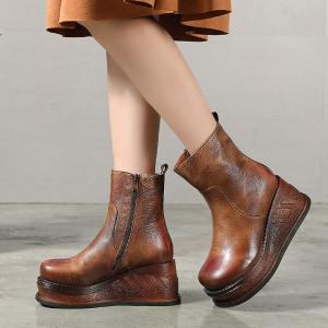 Wholesale S325 Increased Thick Bottom Top Layer Leather Handmade Boots, Ethnic Style Retro Waxed Leather Personalized Fashion Wome from china suppliers