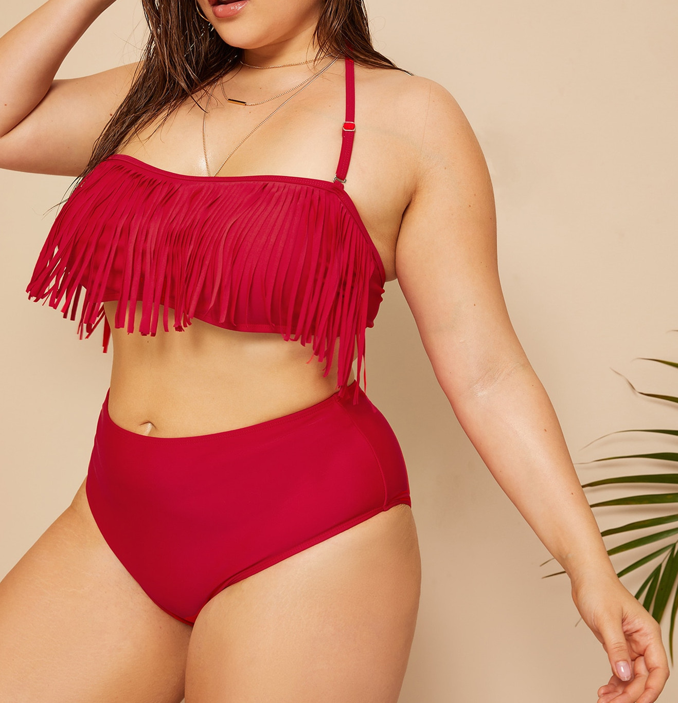 2019 New Plus Size Two piece Tassel High Waist Swimsuit Women Push up