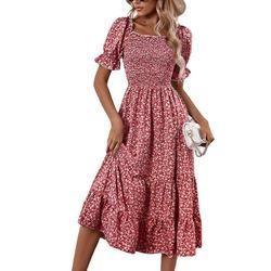 Floral Print Dresses Short Puff Sleeve Square Neck Shirred Detail MIDI Women