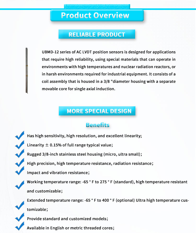 3Vrms/24VDC Power Supply LVDT Linear Displacement Sensor for High Precision Measurement