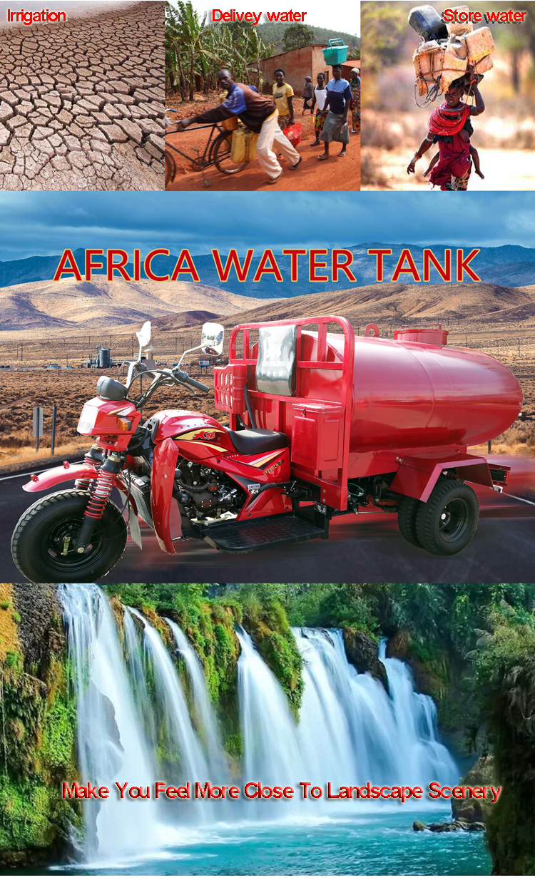 Spacious 3-wheel rainwater storage tank tricycle with 5.00-12 tires and 12V28A battery