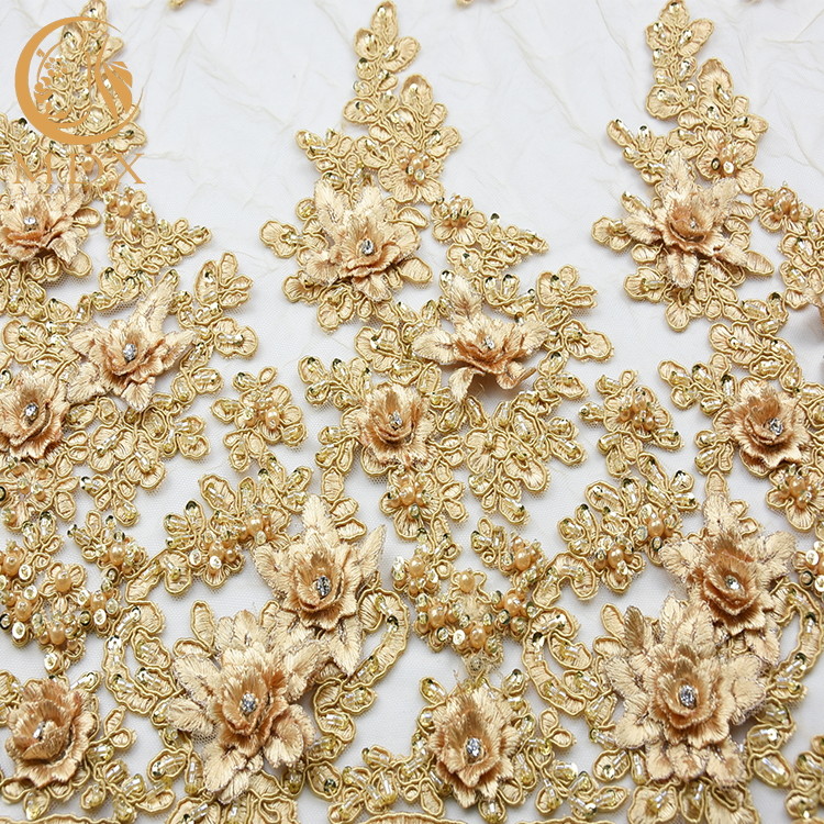 French High End Lace Fabric Water Soluble Handwork Golden Embroidery Lace