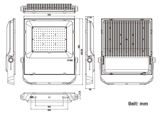 Outdoor LED flood lights 200W Mechanical drawing