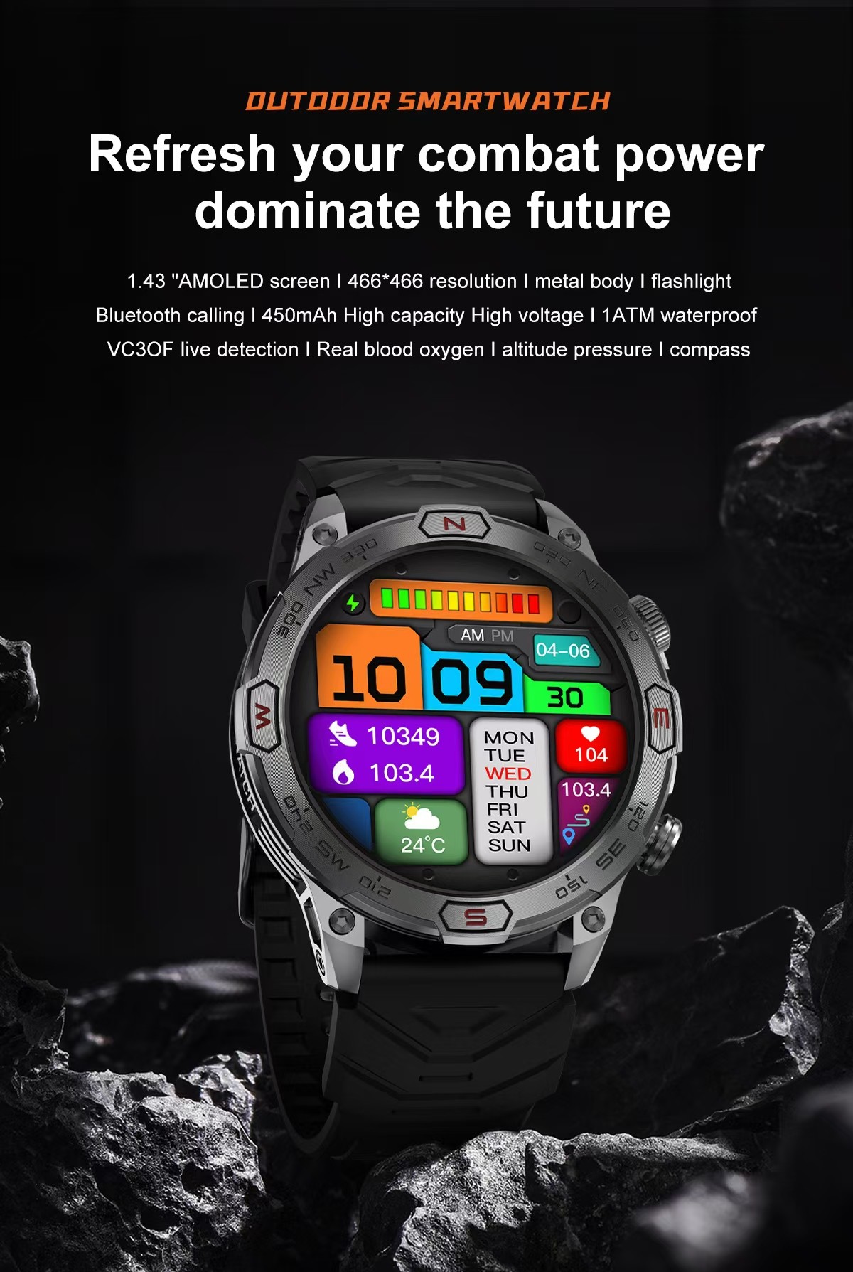 KC86 Men Smart Watch 1.43 Inch HD Large Screen BT Call Flashlight Compass Smart Watch 450mAh