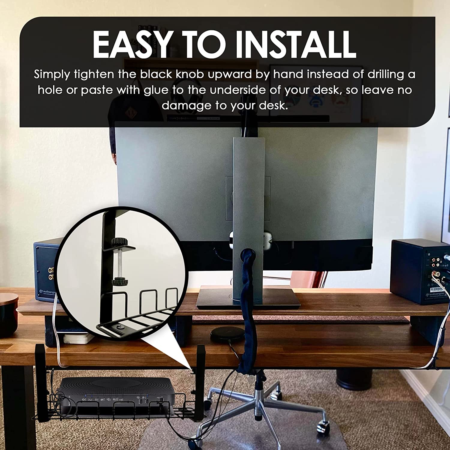 No Drill Cable Management Tray Metal Wire Cord Holder Under Desk Cord Organizer 2 Pack