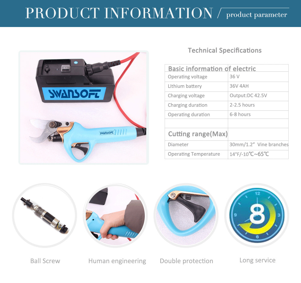 Swansoft Professional 3CM 36V Electric Fruit Pruning Shear / Electric Bypass Pruner for Orchards Fruit Trees