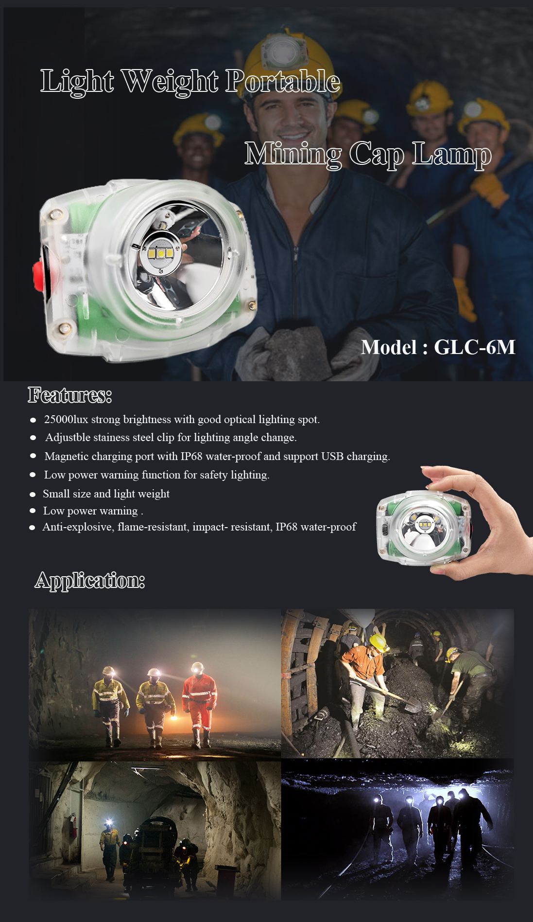 GLC-6M all-in-one mining cap lamp with small size light weight strong brightness long working time anti-explosive IP68