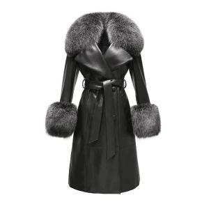 Wholesale Winter Fox Fur Collar Cuffs Women Long Leather Jacket Black Genuine Sheepskin Trench Leather Fur Coats for Ladies from china suppliers
