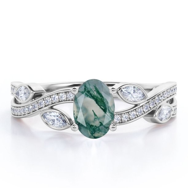 Crossover Over Shaped Opaque Milky Moss Green Agate Engagement Ring In 18K Filigree Engagement Ring