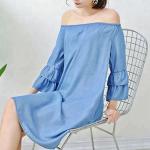 Young Ladies Denim Shirt Dress Off Shoulder Bat Wing Long Sleeve KneeLength
