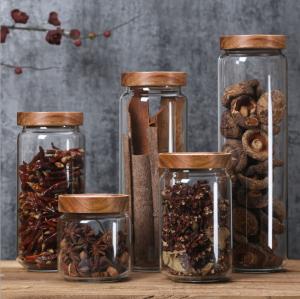 Wholesale 0.4L 0.5L Clear Glass Kitchen Canisters With Wooden Lids Engraving LOGO from china suppliers