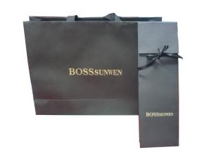 Wholesale Promotional Bosssunwei Black Special Paper Carrier Bag With Press Gold Lings, Logo Stamp from china suppliers